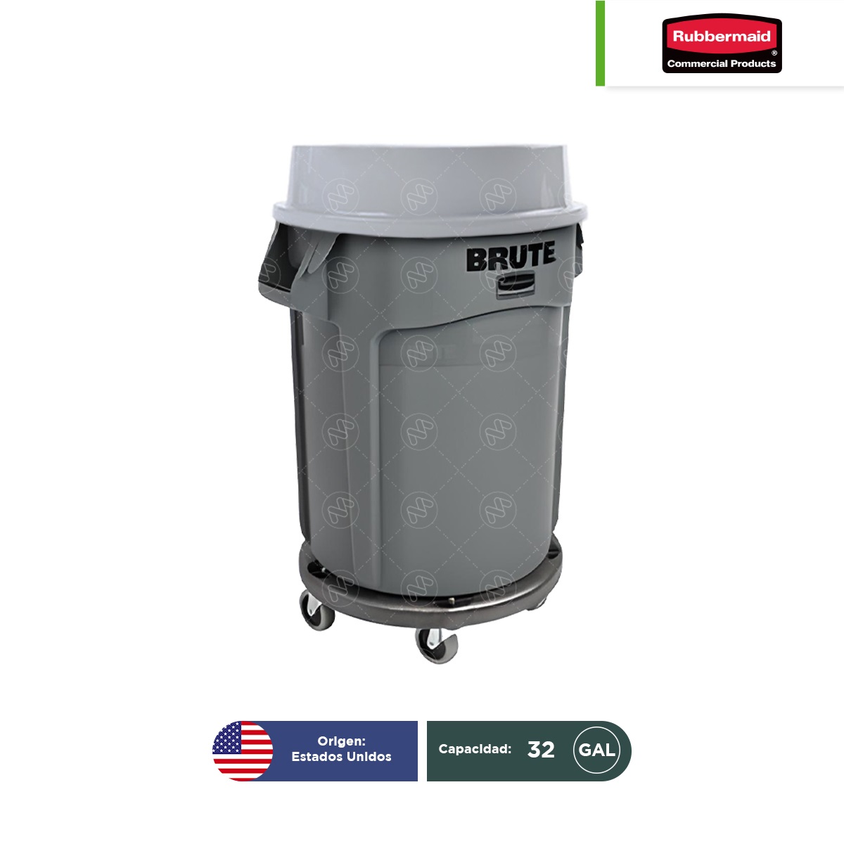 contenedor brute gris con tapa perforada y plataforma dolly con ruedas de rubbermaid 001