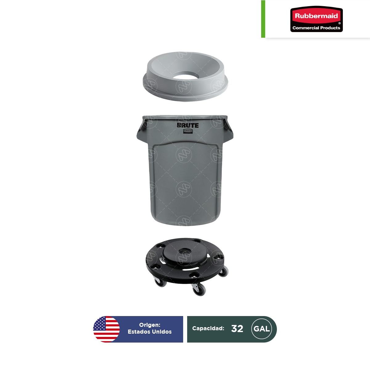 contenedor brute gris con tapa perforada y plataforma dolly con ruedas de rubbermaid 002