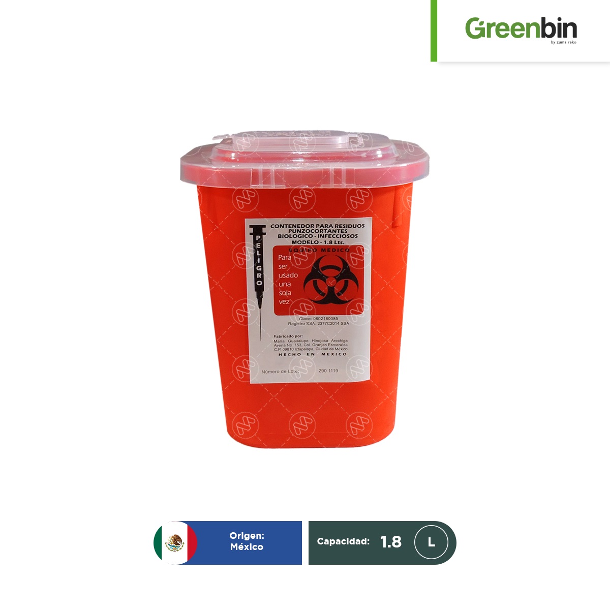 contenedor para punzo cortantes rojo greenbin 1 8 l 001