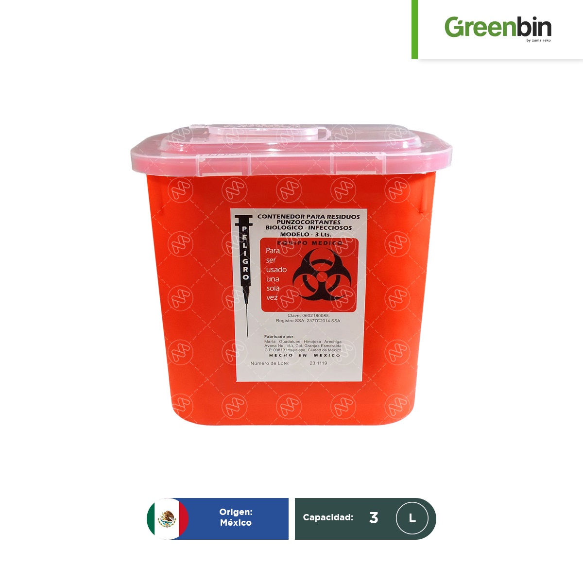 contenedor para punzo cortantes rojo greenbin 3 l 001