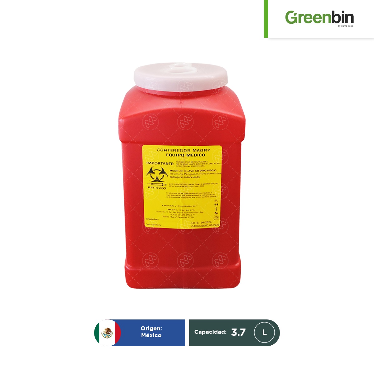 contenedor para punzocortantes rpbi rojo greenbin 3 7 l 001